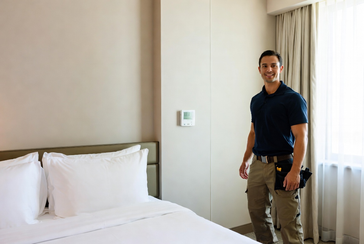 An IT tech easily scaling device deployment in the hotel room.