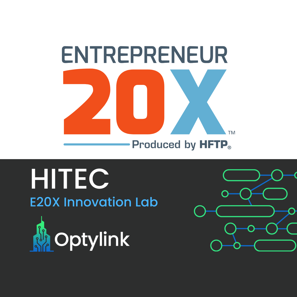 Entrepreneur 20X logo recognizing Optylink as a finalist at HITEC