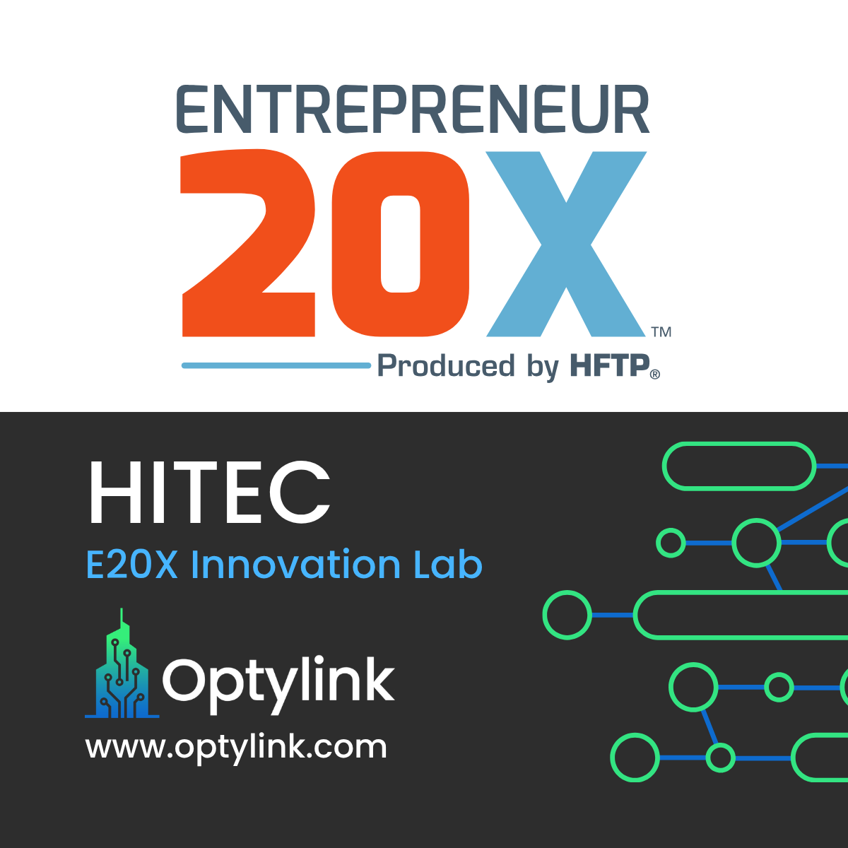 Entrepreneur 20X logo recognizing Optylink as a finalist at HITEC 2026.