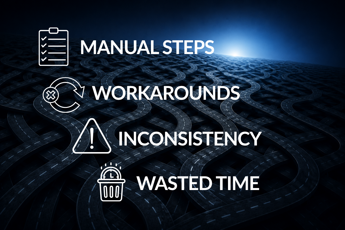 Tangled road network illustrating technology complexity, manual processes, and disconnected deployment workflows.