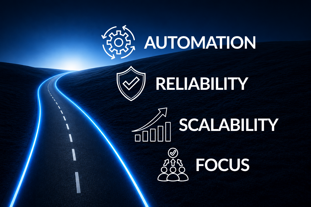 Single illuminated road representing simplified technology, automation, scalable systems, and streamlined deployment.