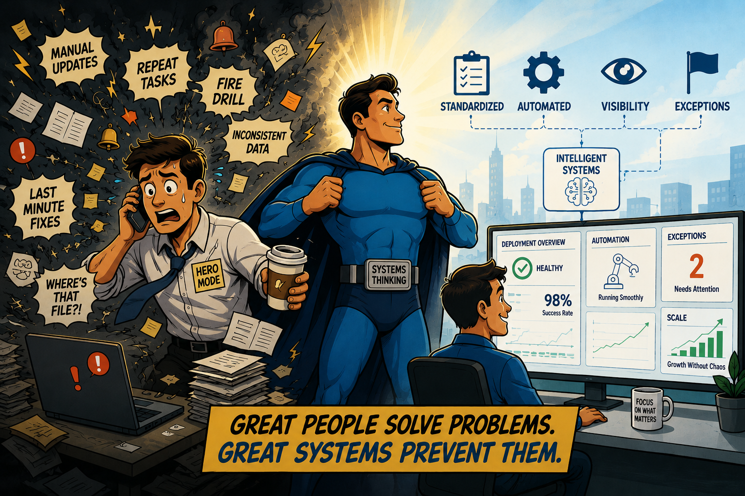 Comic illustration contrasting workplace heroics and manual processes with scalable systems, automation, and systems thinking.